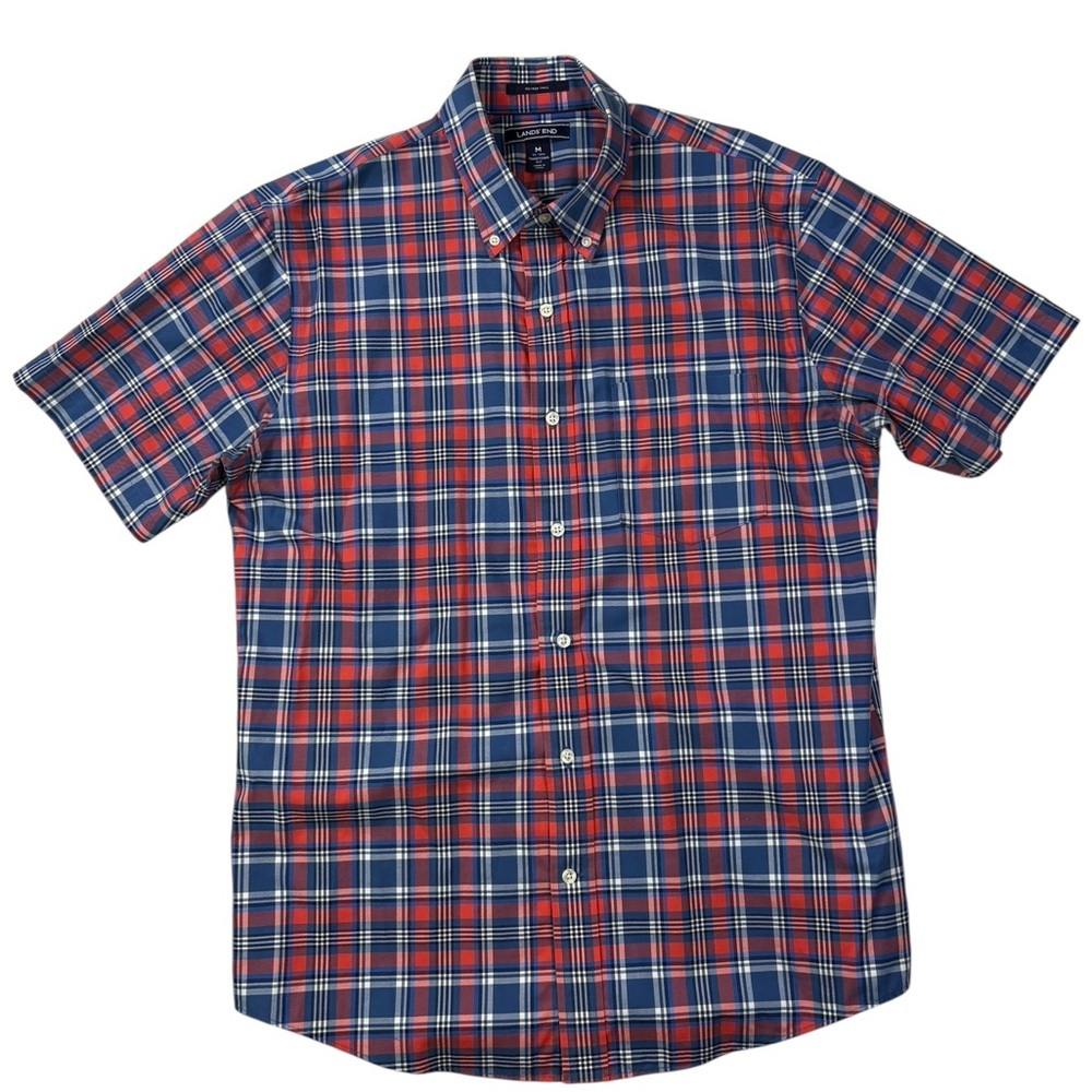 Lands' End Men's No Iron Red and Blue Plaid Traditional Fit Shirt | Size M - Picture 2 of 8